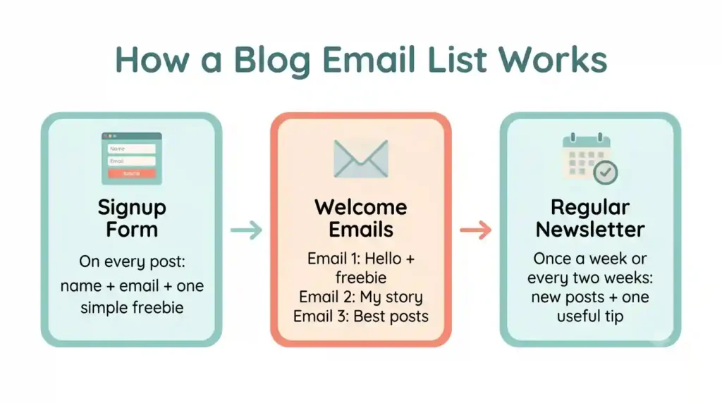 Email-marketing-for-bloggers-process-with-three-steps-a-signup-form-on-every-post-a-three-email-welcome-sequence-and-a-regular-newsletter.