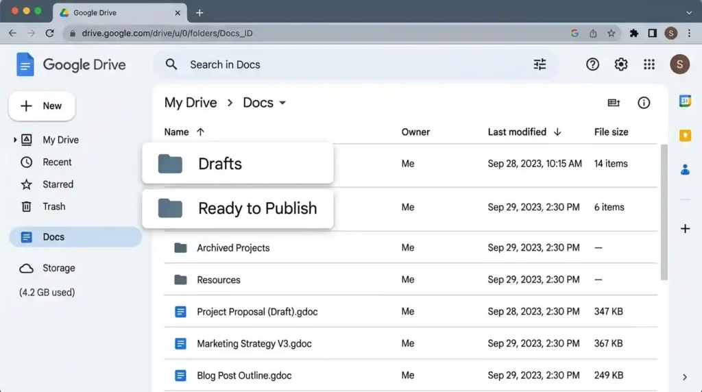 Google-Docs-folder-structure-showing-draft-organization-for-blog-publishing-workflow